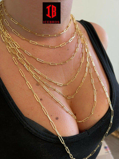 14k Gold Vermeil Silver Paperclip Chain Diamond Cut Necklace Italy Layered (3.5mm)