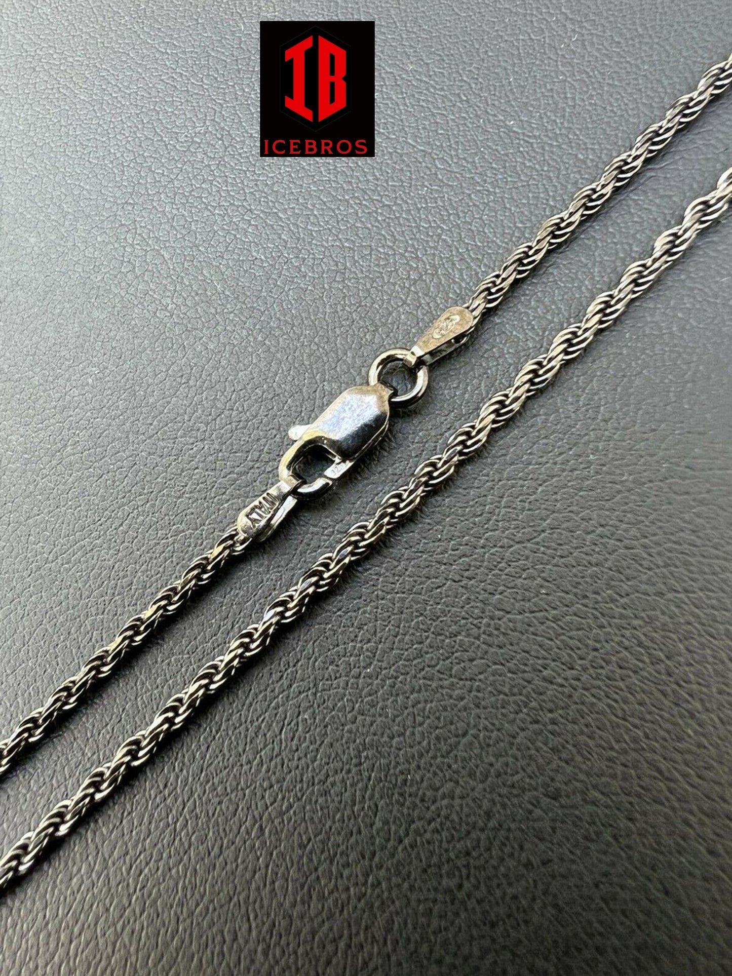 2mm Rope Chain Necklace Oxidized Black Rhodium Solid 925 Sterling Silver 16-30inch