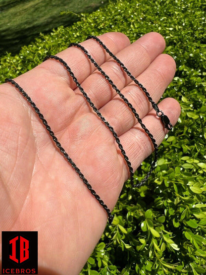 2mm Rope Chain Necklace Oxidized Black Rhodium Solid 925 Sterling Silver 16-30inch