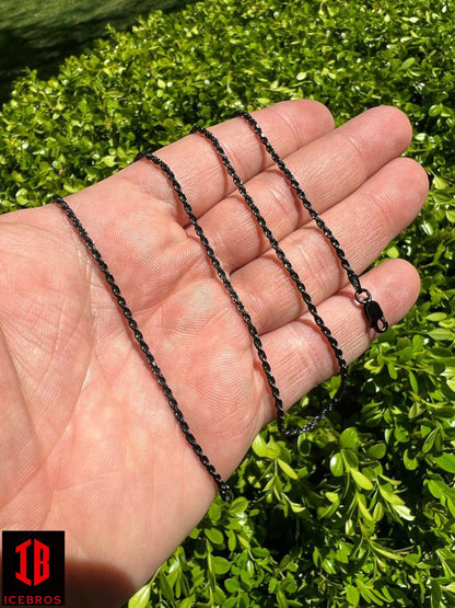 2mm Rope Chain Necklace Oxidized Black Rhodium Solid 925 Sterling Silver 16-30inch