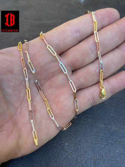 Paperclip Chain Necklace Tri Color Yellow Rose Gold & 925 Silver 14-24inch (3mm)