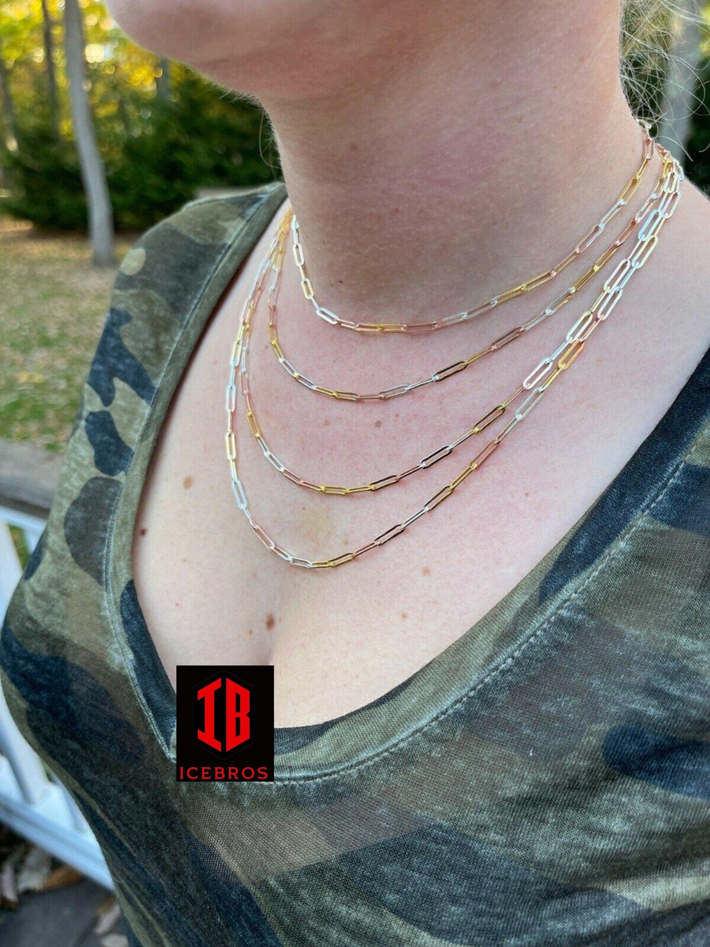 Paperclip Chain Necklace Tri Color Yellow Rose Gold & 925 Silver 14-24inch (3mm)