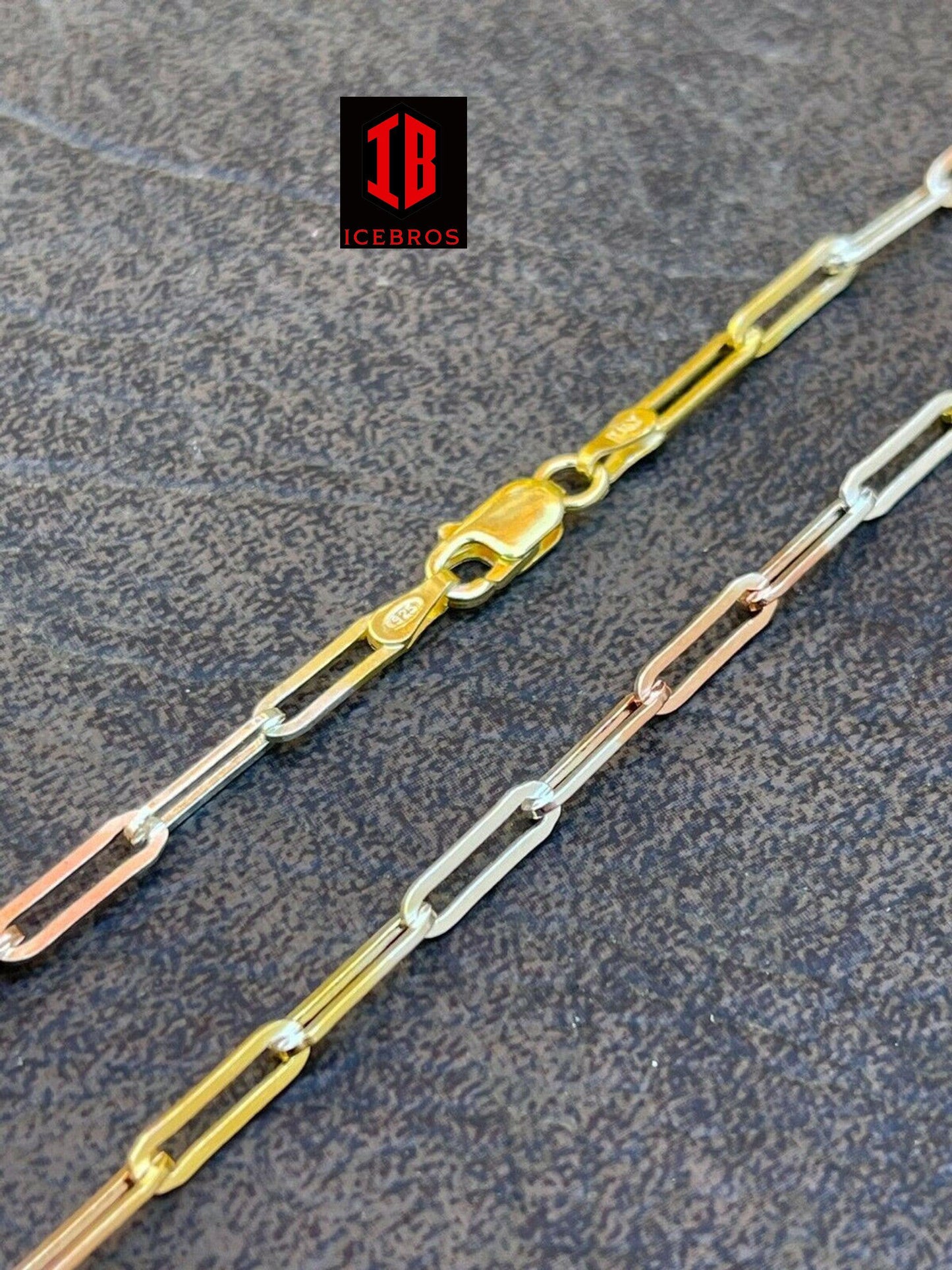 Paperclip Chain Necklace Tri Color Yellow Rose Gold & 925 Silver 14-24inch (3mm)