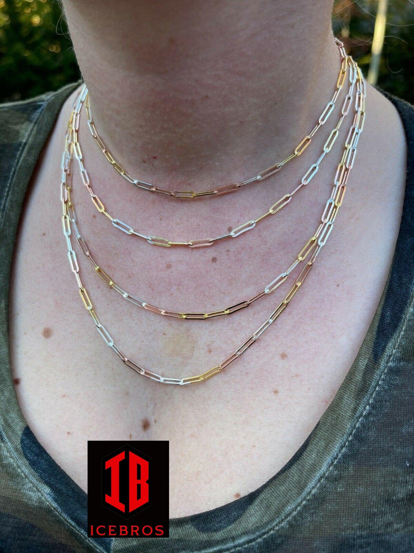 Paperclip Chain Necklace Tri Color Yellow Rose Gold & 925 Silver 14-24inch (3mm)