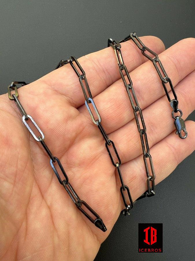 Black Rhodium Oxidized Real 925 Silver Paperclip Rolo Chain Necklace 14-24inch (4mm)