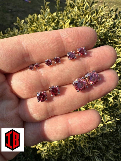 Real Pink Stone Moissanite Screwback Stud Earrings 925 Silver 3-8mm Pass Diamond