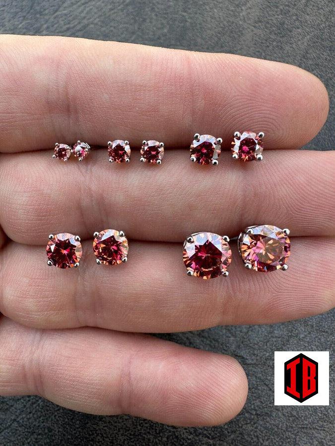 Real Pink Stone Moissanite Screwback Stud Earrings 925 Silver 3-8mm Pass Diamond