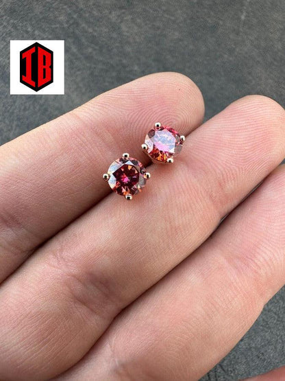 Real Pink Stone Moissanite Screwback Stud Earrings 925 Silver 3-8mm Pass Diamond