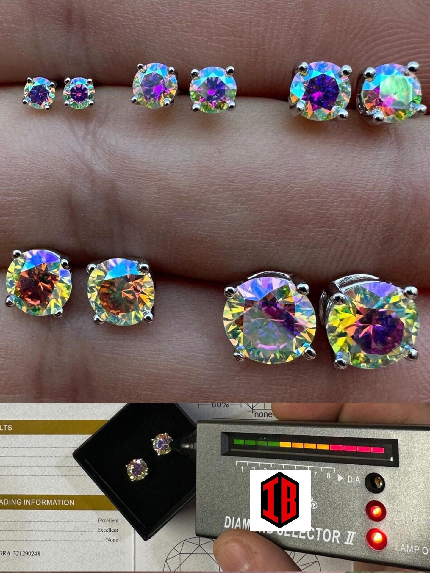 Hiphop Rainbow Opal Moissanite Screw back Stud Earrings 925 Sterling Silver 3-8mm