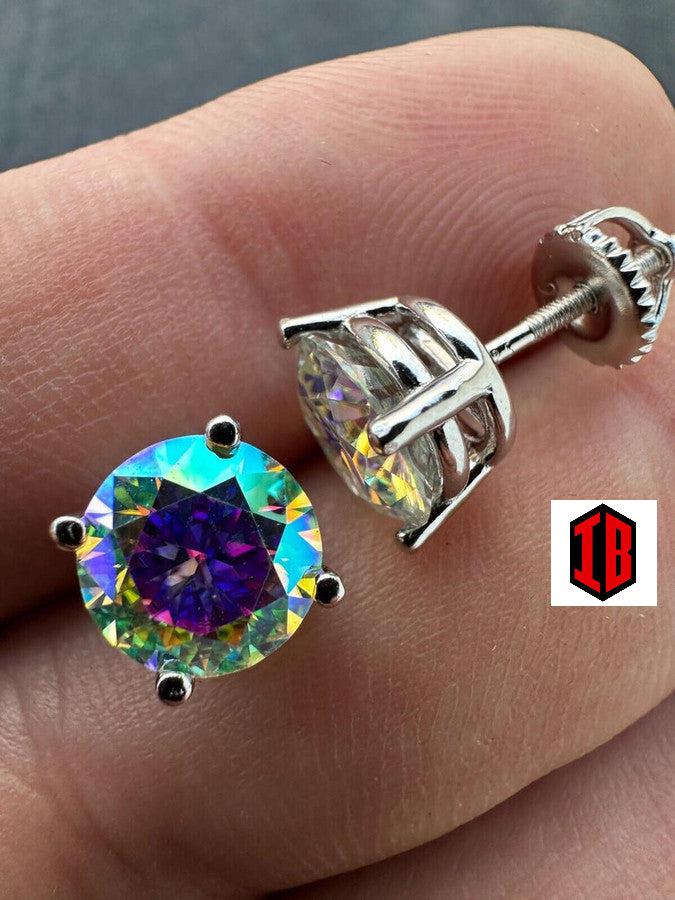 Hiphop Rainbow Opal Moissanite Screw back Stud Earrings 925 Sterling Silver 3-8mm