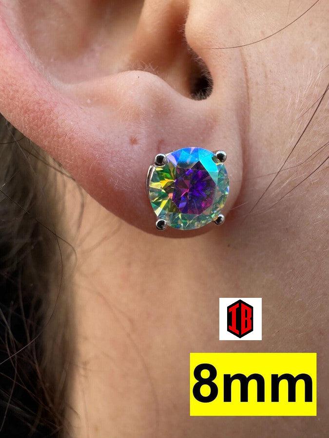 Hiphop Rainbow Opal Moissanite Screw back Stud Earrings 925 Sterling Silver 3-8mm