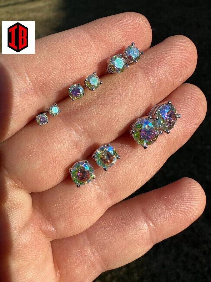 Hiphop Rainbow Opal Moissanite Screw back Stud Earrings 925 Sterling Silver 3-8mm