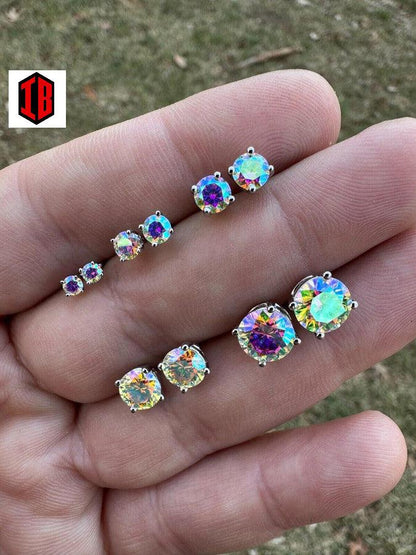 Hiphop Rainbow Opal Moissanite Screw back Stud Earrings 925 Sterling Silver 3-8mm