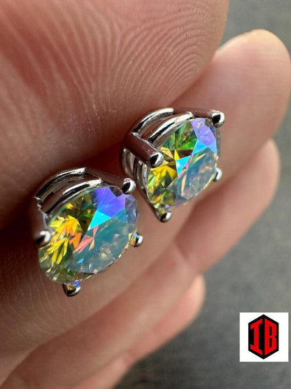 Hiphop Rainbow Opal Moissanite Screw back Stud Earrings 925 Sterling Silver 3-8mm