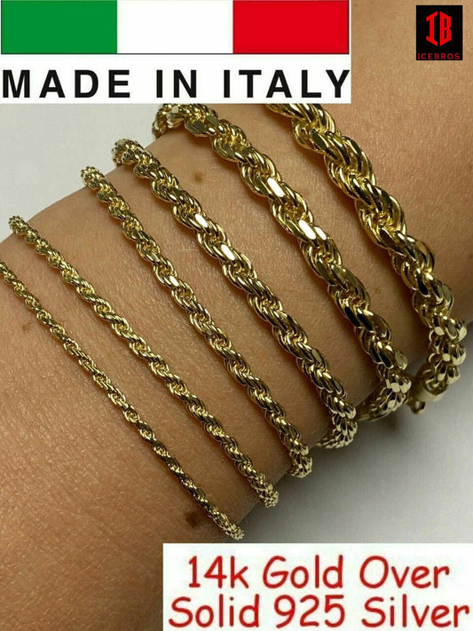 Men's Women's Real 14k Gold Plated Solid 925 Sterling Silver Rope Bracelet (2-6mm)