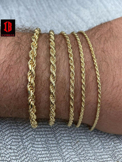 Men's Women's Real 14k Gold Plated Solid 925 Sterling Silver Rope Bracelet (2-6mm)