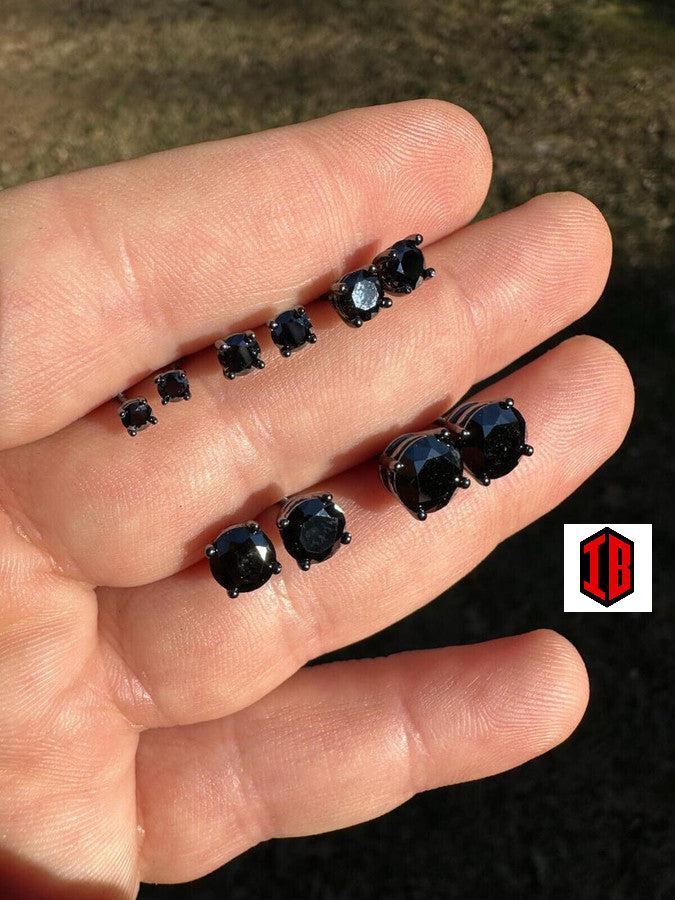 Black Moissanite Screwback Stud Earrings Oxidized Rhodium 925 Silver 3-8mm Hip Hop