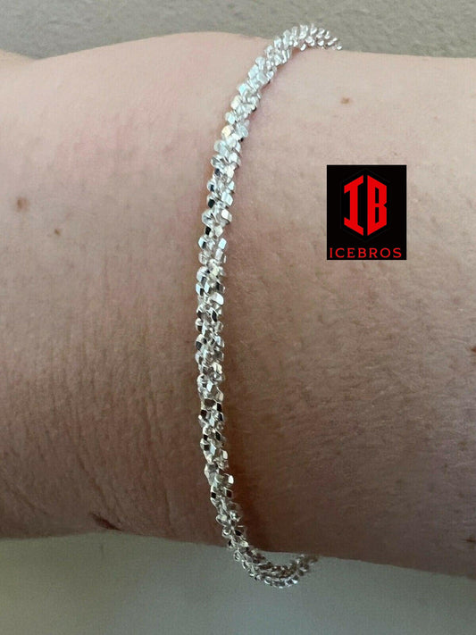 Real Solid 925 Sterling Silver Diamond Cut 3mm Sparkle Rope Bracelet 6-8.5inch Long