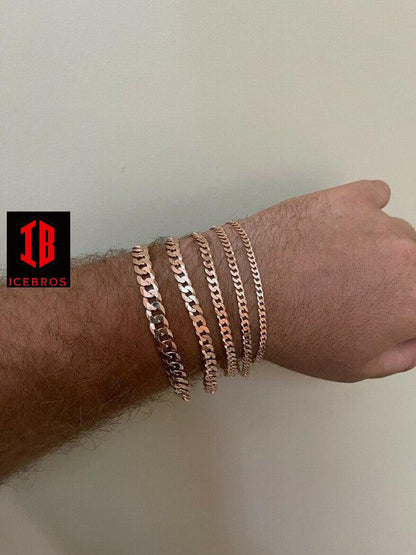 14k Rose Gold Vermeil Over Solid Italian 925 Silver Flat Miami Cuban Link Bracelet (3-8mm)