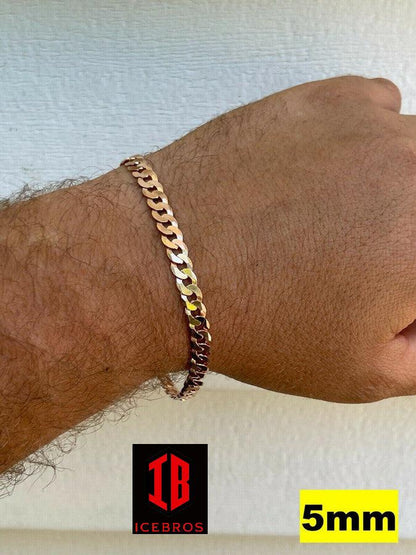 14k Rose Gold Vermeil Over Solid Italian 925 Silver Flat Miami Cuban Link Bracelet (3-8mm)