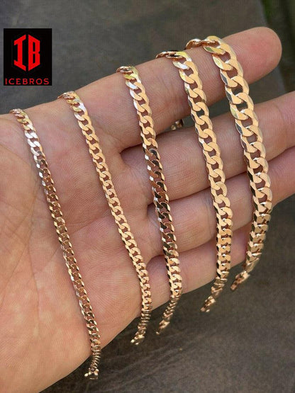 14k Rose Gold Vermeil Over Solid Italian 925 Silver Flat Miami Cuban Link Bracelet (3-8mm)