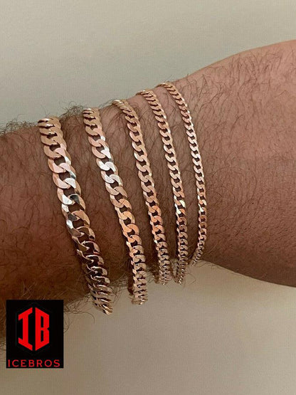 14k Rose Gold Vermeil Over Solid Italian 925 Silver Flat Miami Cuban Link Bracelet (3-8mm)