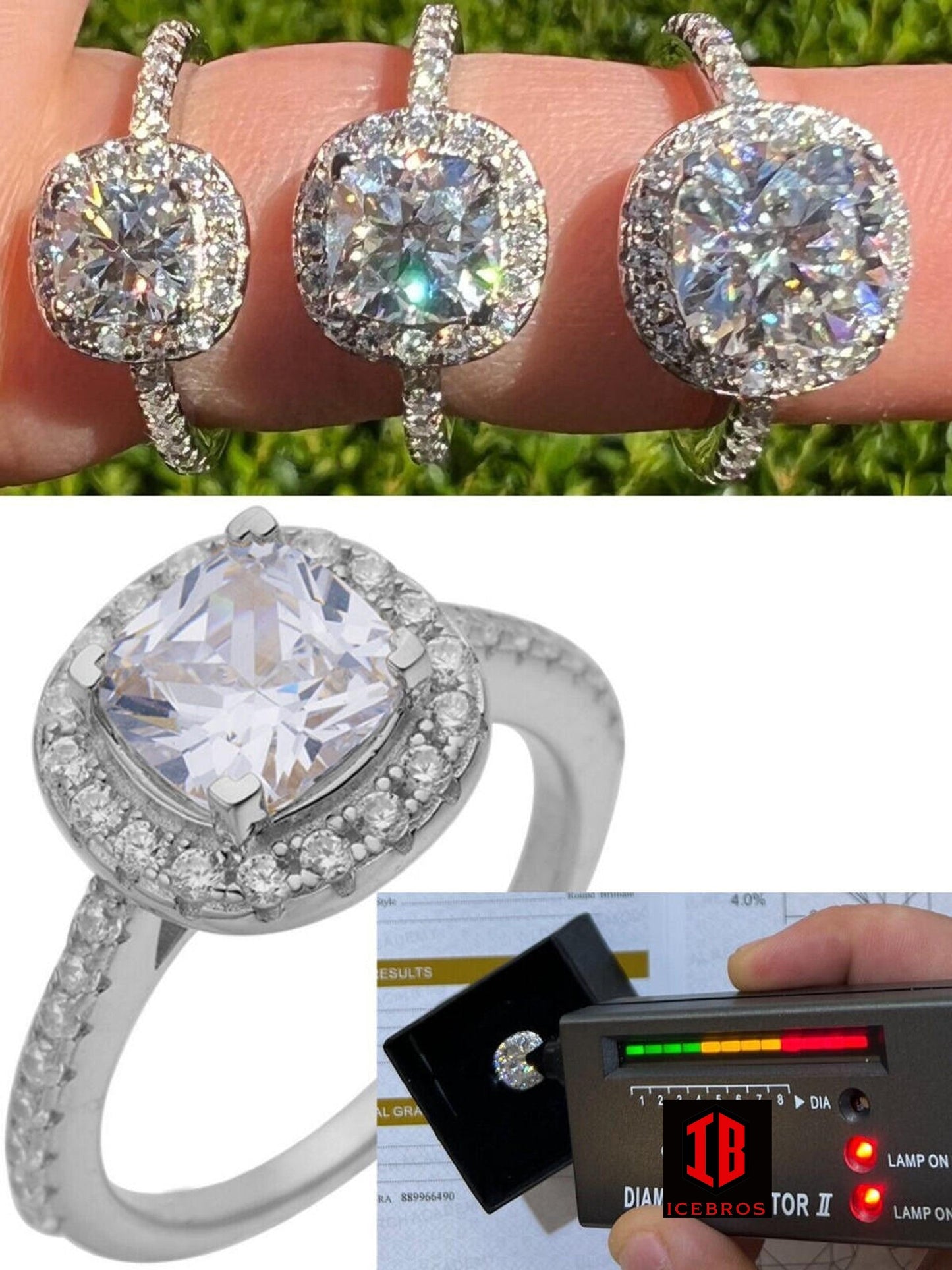 Large Cushion Cut Moissanite Engagement Ring Passes Diamond Tester 925 Vermeil Silver