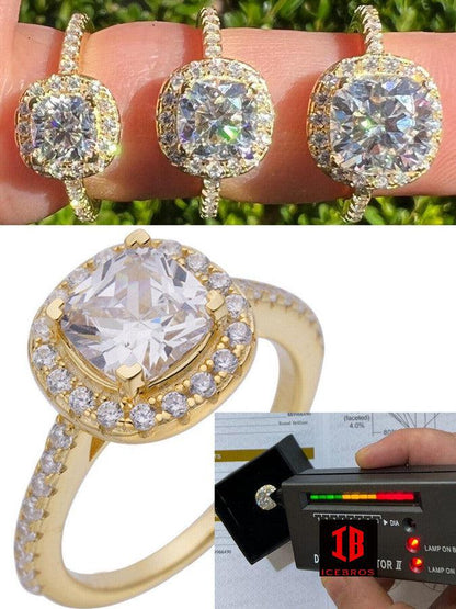 Large Cushion Cut Moissanite Engagement Ring Passes Diamond Tester 925 Vermeil Silver