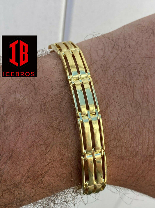 Men’s Solid 14k Gold Over 925 Sterling Silver Presidential Link Bracelet 10mm