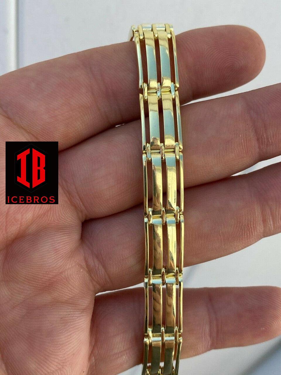 Men’s Solid 14k Gold Over 925 Sterling Silver Presidential Link Bracelet 10mm