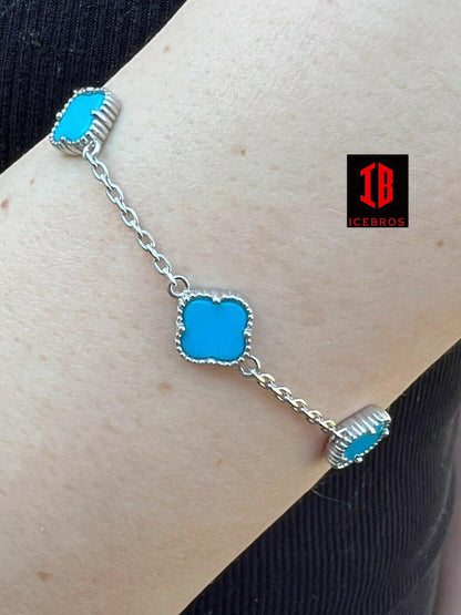 925 Silver Blue Turquoise Four Leaf Lucky Clover Flower Bracelet 6-7.5inch (4 Colors)