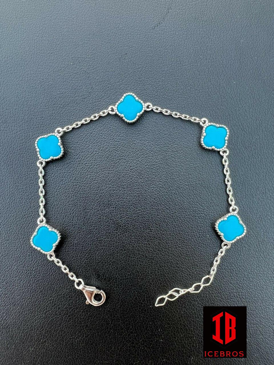 925 Silver Blue Turquoise Four Leaf Lucky Clover Flower Bracelet 6-7.5inch (4 Colors)