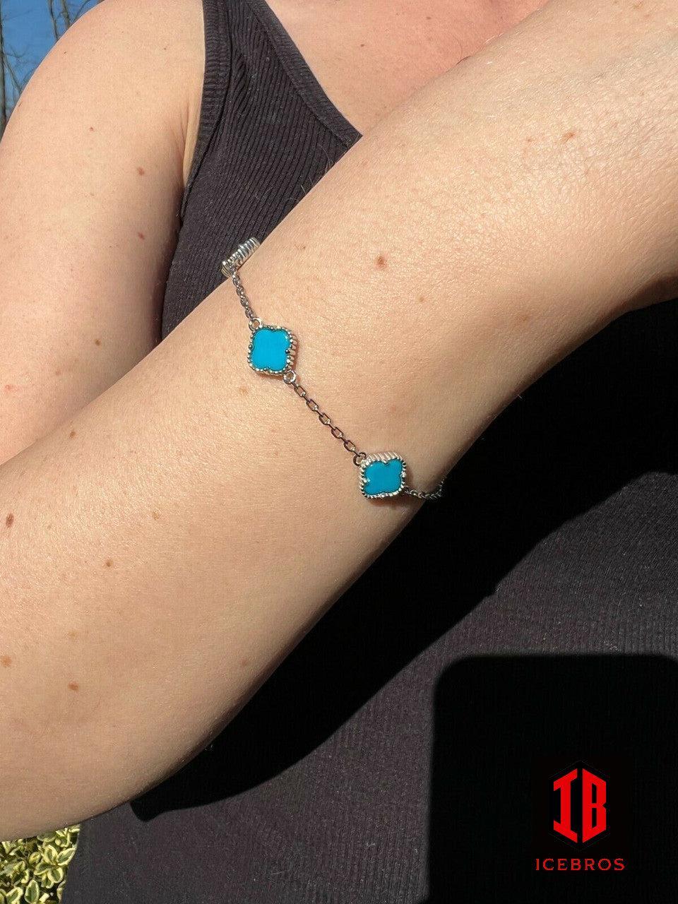 925 Silver Blue Turquoise Four Leaf Lucky Clover Flower Bracelet 6-7.5inch (4 Colors)