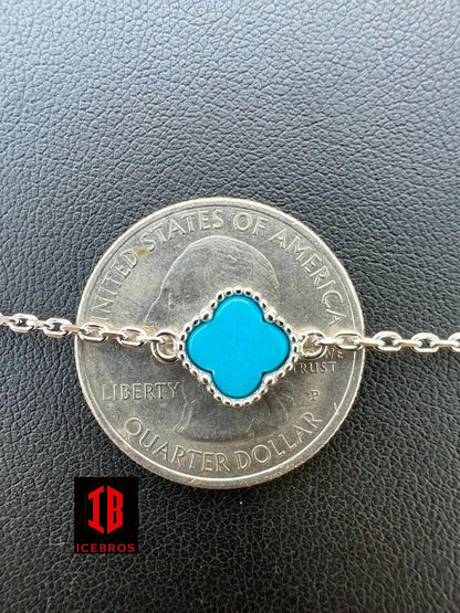 925 Silver Blue Turquoise Four Leaf Lucky Clover Flower Bracelet 6-7.5inch (4 Colors)