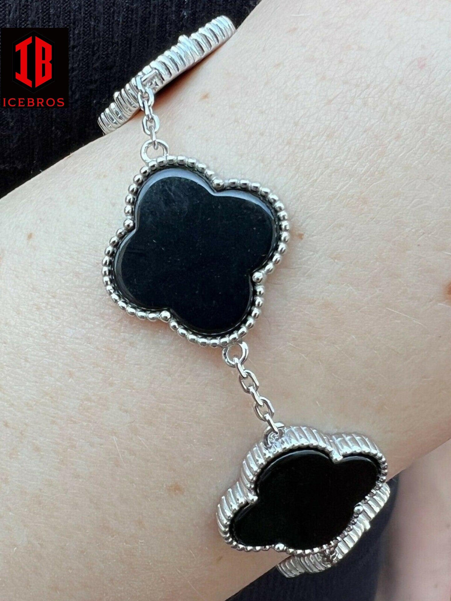 18mm 925 Sterling Silver Black Onyx Alhambra Leaf Clover Flower Bracelet 6-7.5inch