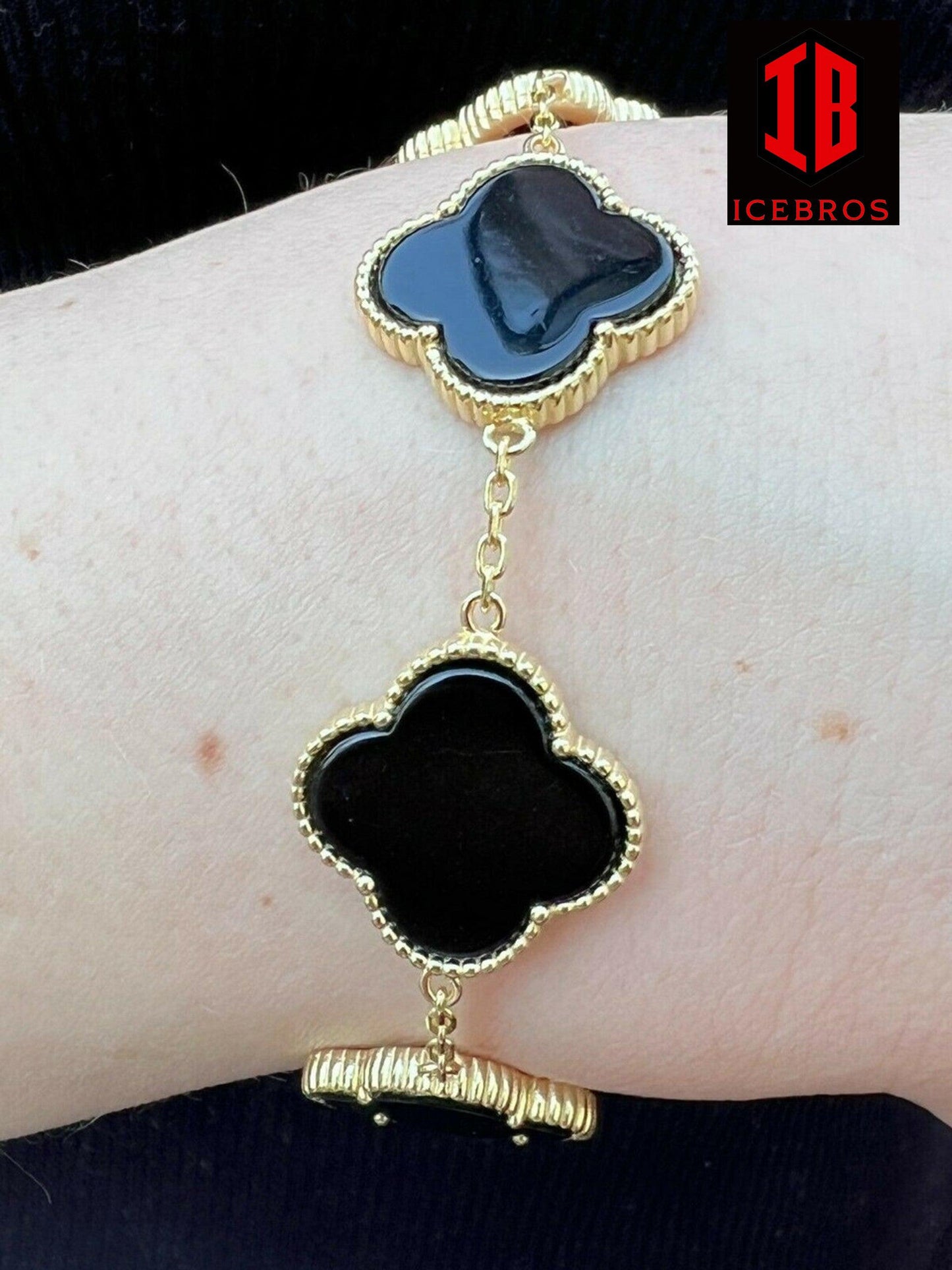 18mm 925 Sterling Silver Black Onyx Alhambra Leaf Clover Flower Bracelet 6-7.5inch