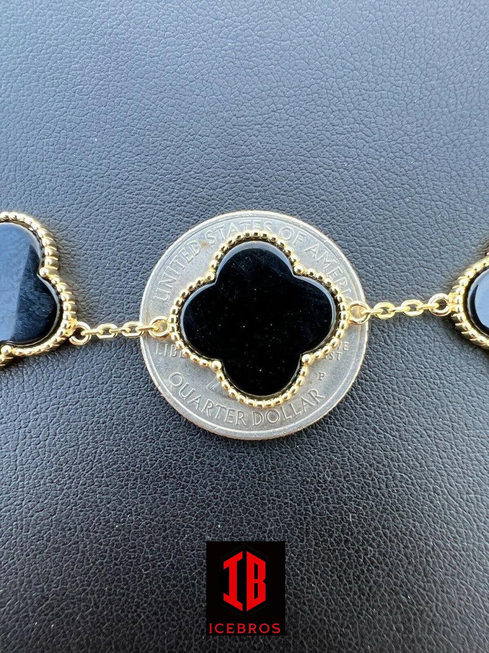 18mm 925 Sterling Silver Black Onyx Alhambra Leaf Clover Flower Bracelet 6-7.5inch