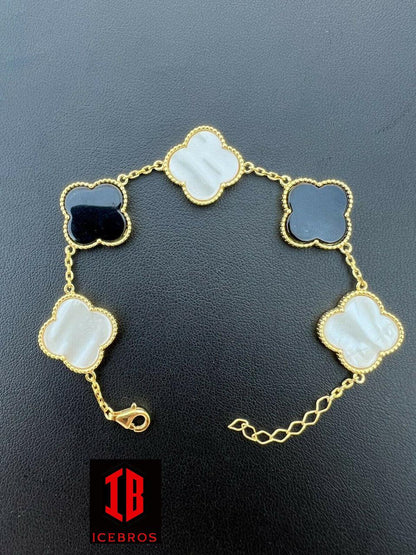 Two Tone 14k Gold Vermeil 925 Black Onyx & Pearl Leaf Clover Flower Bracelet 6-7.5inch