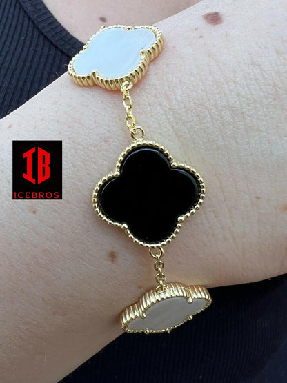 Two Tone 14k Gold Vermeil 925 Black Onyx & Pearl Leaf Clover Flower Bracelet 6-7.5inch