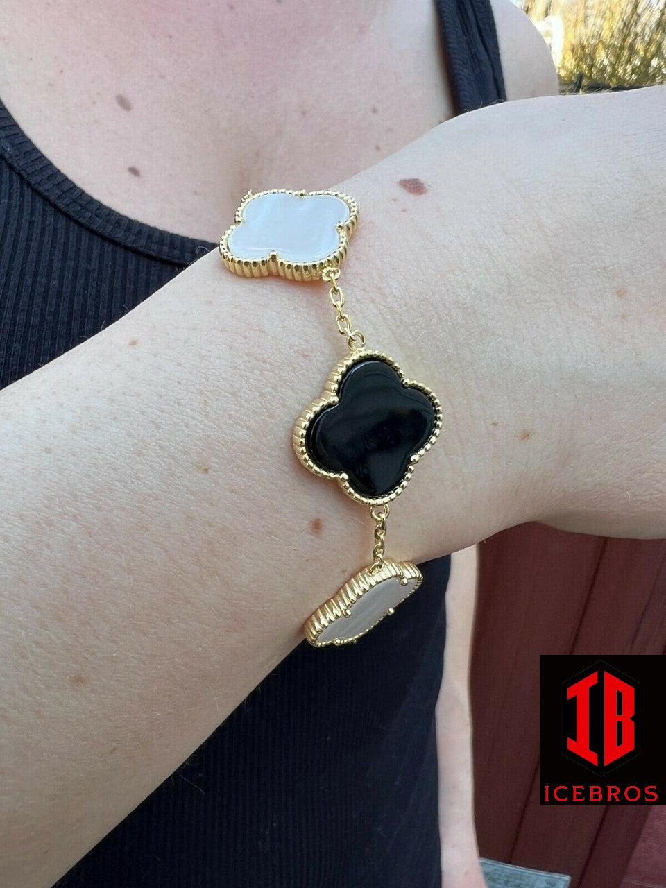 Two Tone 14k Gold Vermeil 925 Black Onyx & Pearl Leaf Clover Flower Bracelet 6-7.5inch