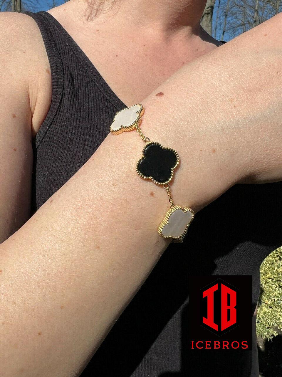 Two Tone 14k Gold Vermeil 925 Black Onyx & Pearl Leaf Clover Flower Bracelet 6-7.5inch