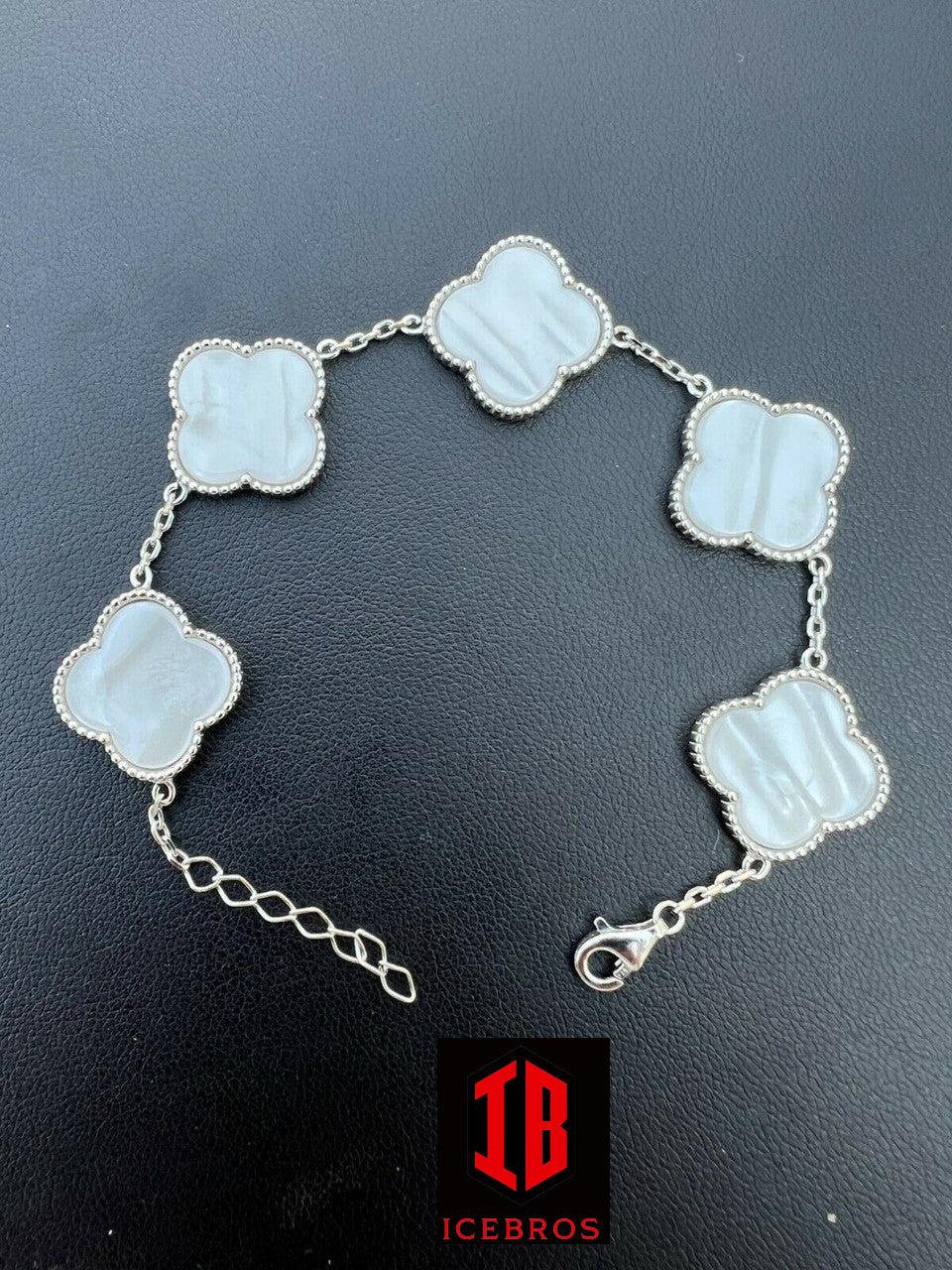 Solid 925 Sterling Silver Mother Of Pearl Leaf Clover Flower Bracelet 6-7.5inch