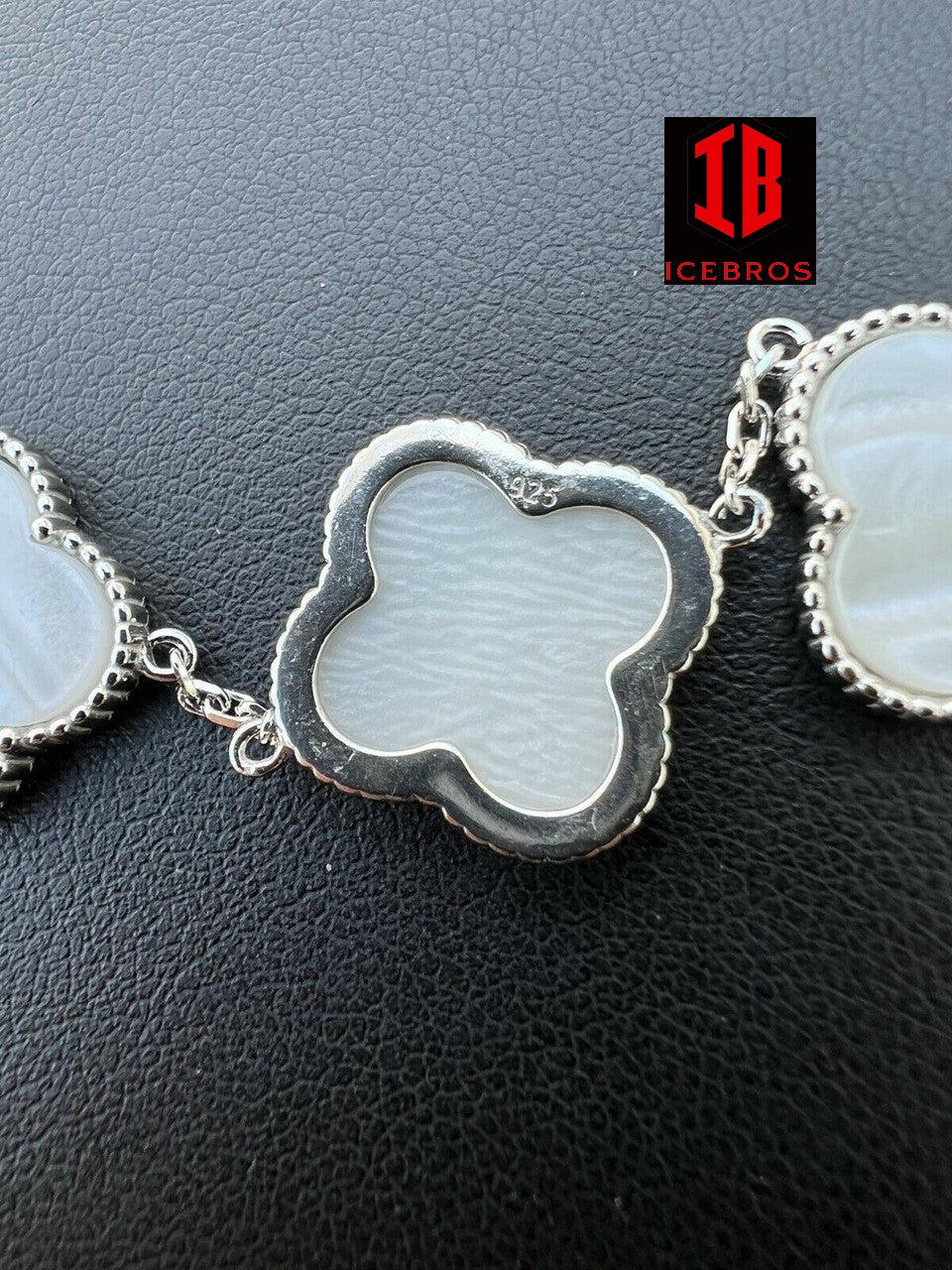 Solid 925 Sterling Silver Mother Of Pearl Leaf Clover Flower Bracelet 6-7.5inch