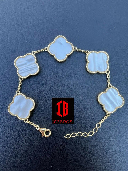 Solid 925 Sterling Silver Mother Of Pearl Leaf Clover Flower Bracelet 6-7.5inch