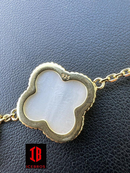 Solid 925 Sterling Silver Mother Of Pearl Leaf Clover Flower Bracelet 6-7.5inch