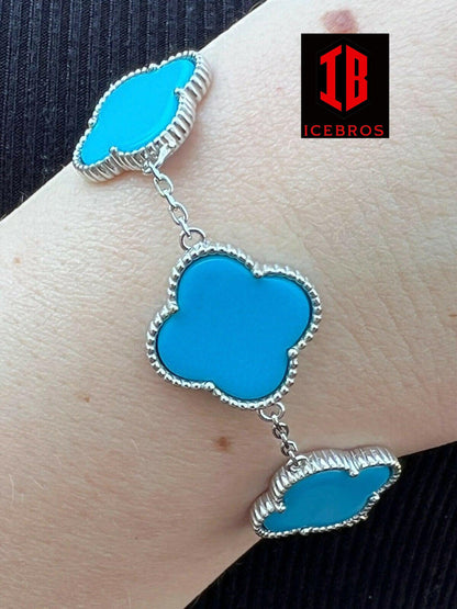 18mm 925 Sterling Silver Blue Turquoise Four Leaf Clover Flower Bracelet 6-7.5inch