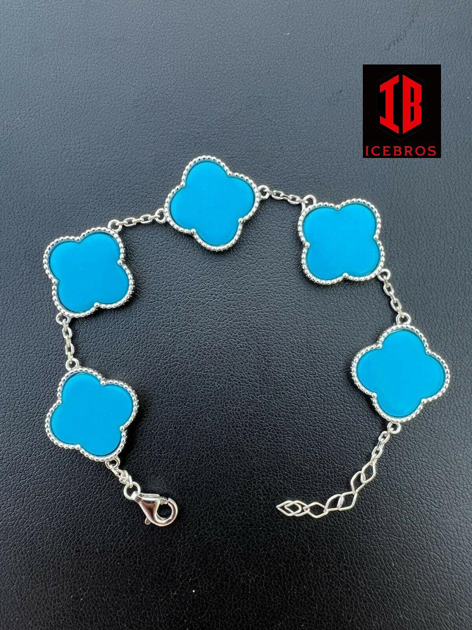 18mm 925 Sterling Silver Blue Turquoise Four Leaf Clover Flower Bracelet 6-7.5inch