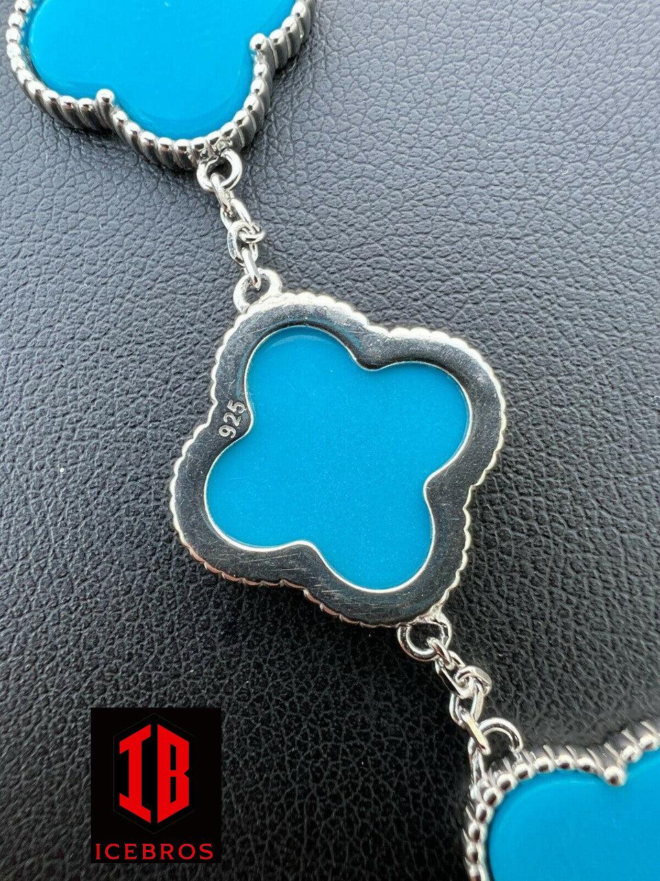 18mm 925 Sterling Silver Blue Turquoise Four Leaf Clover Flower Bracelet 6-7.5inch