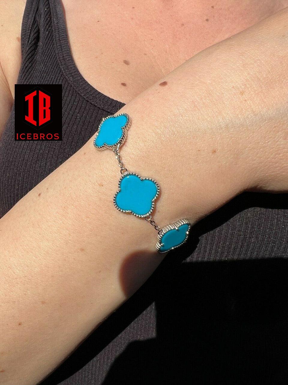 18mm 925 Sterling Silver Blue Turquoise Four Leaf Clover Flower Bracelet 6-7.5inch