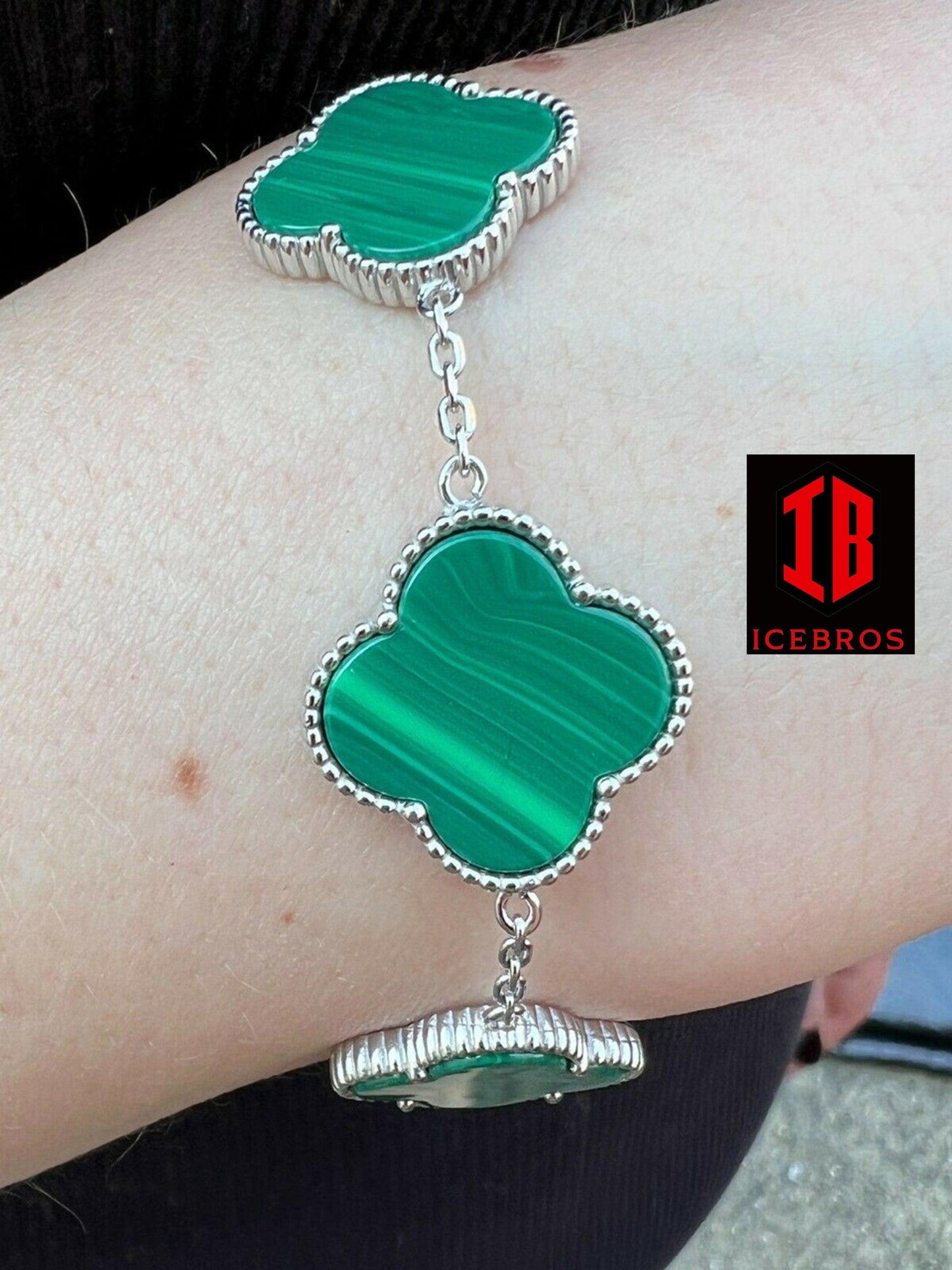 Real 925 Sterling Silver Green Malachite Four Leaf Clover Flower Bracelet 6-7.5inch